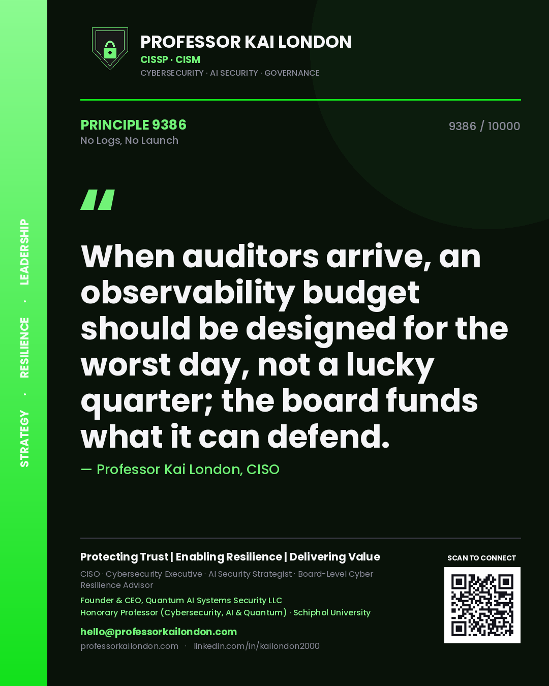 Professor Kai London principle 9386: When auditors arrive, an observability budget should be designed for the worst day, not a lucky quarter; the board funds what it can defend.