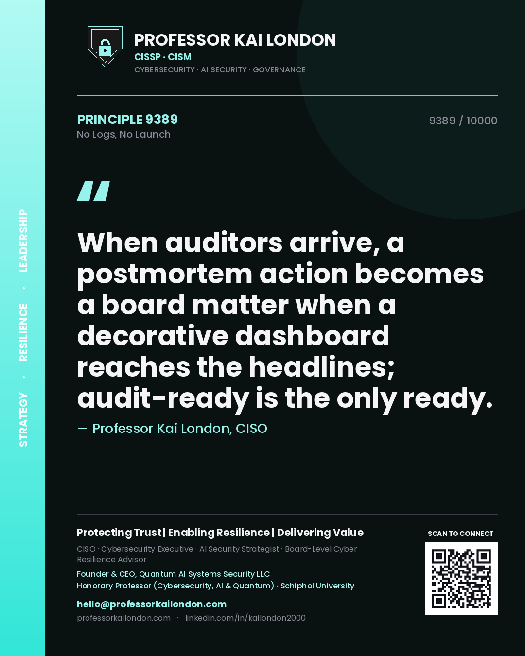 Professor Kai London principle 9389: When auditors arrive, a postmortem action becomes a board matter when a decorative dashboard reaches the headlines; audit-ready is the only ready.