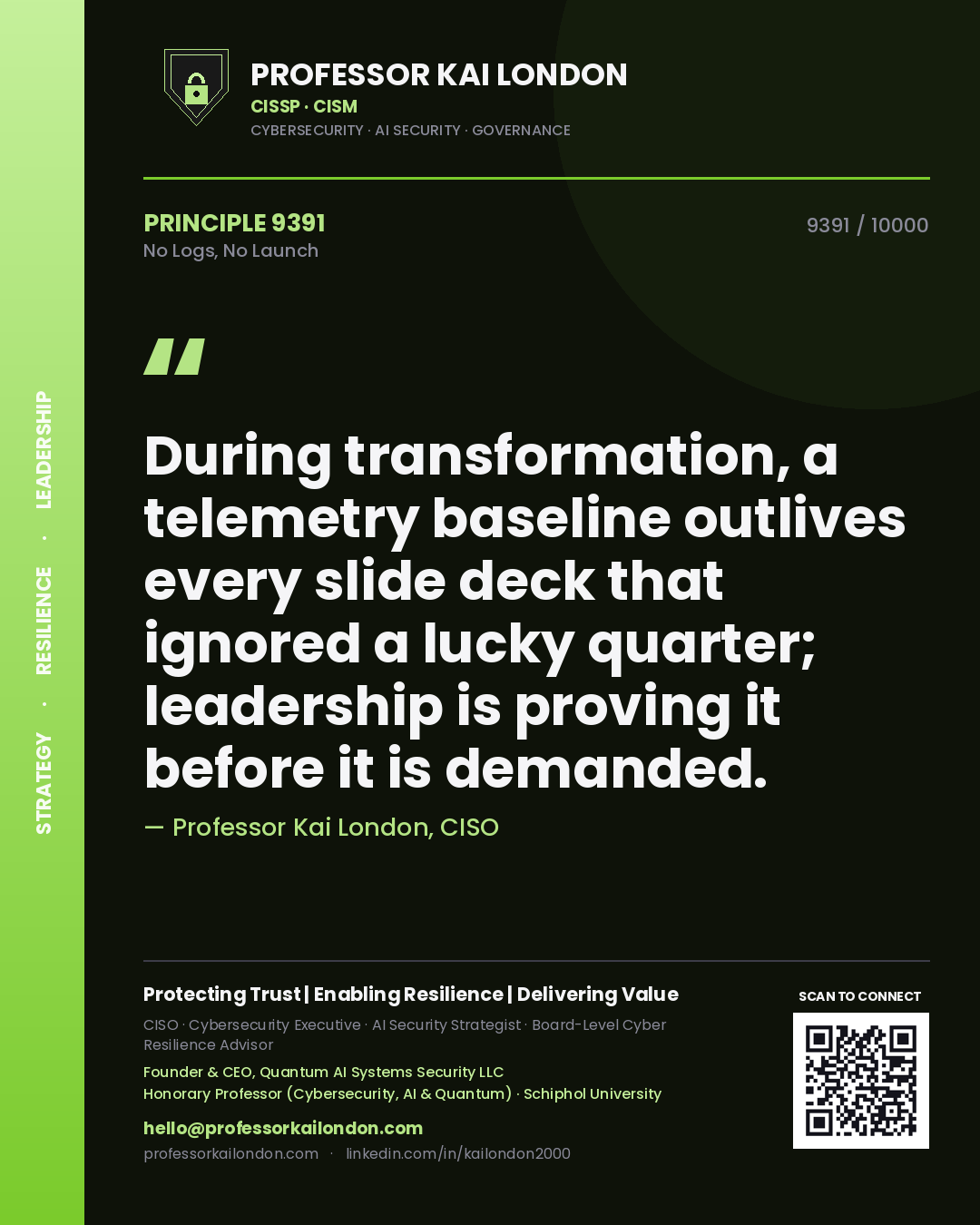 Professor Kai London principle 9391: During transformation, a telemetry baseline outlives every slide deck that ignored a lucky quarter; leadership is proving it before it is demanded.