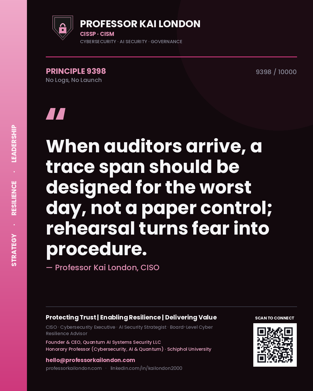 Professor Kai London principle 9398: When auditors arrive, a trace span should be designed for the worst day, not a paper control; rehearsal turns fear into procedure.