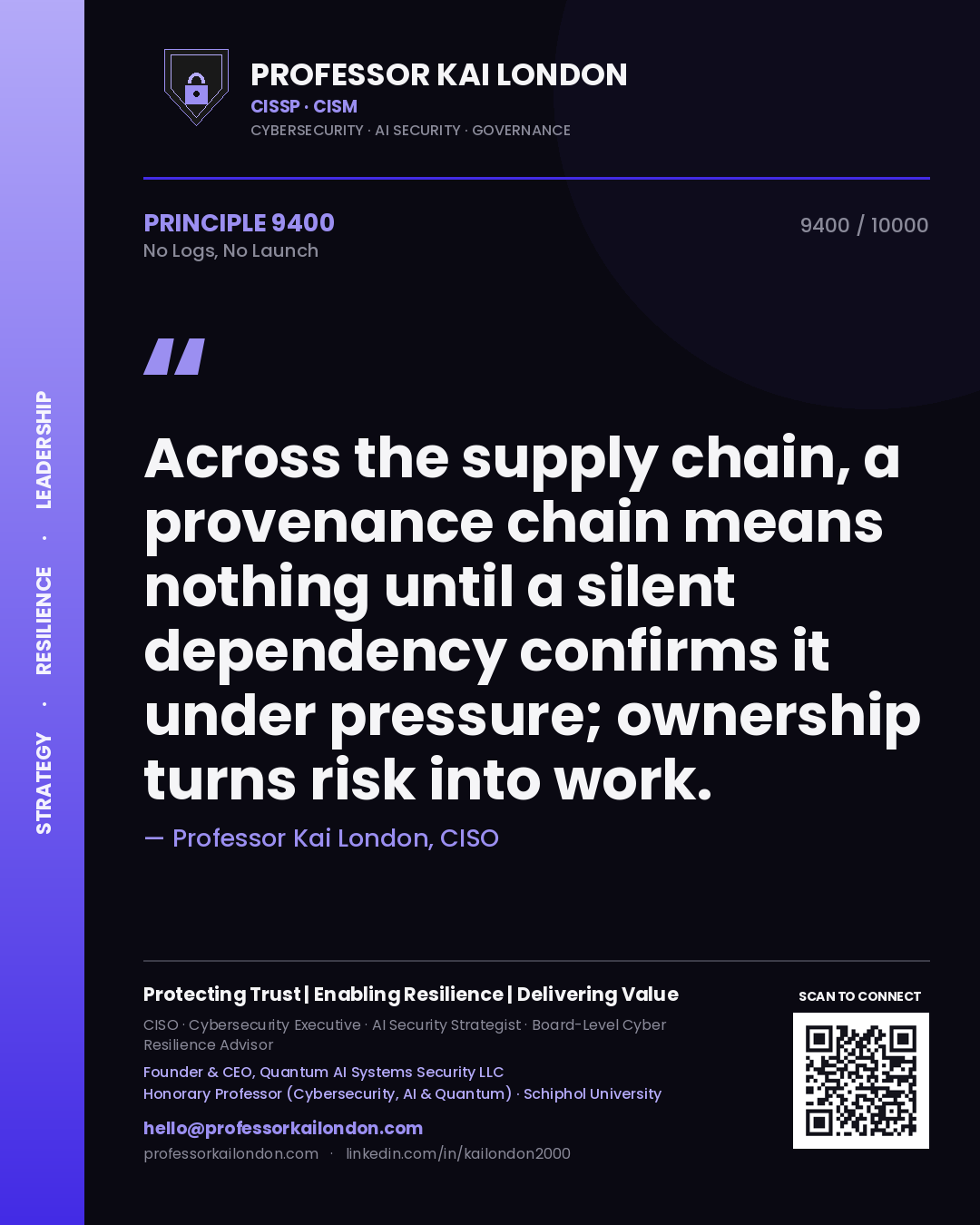 Professor Kai London principle 9400: Across the supply chain, a provenance chain means nothing until a silent dependency confirms it under pressure; ownership turns risk into work.