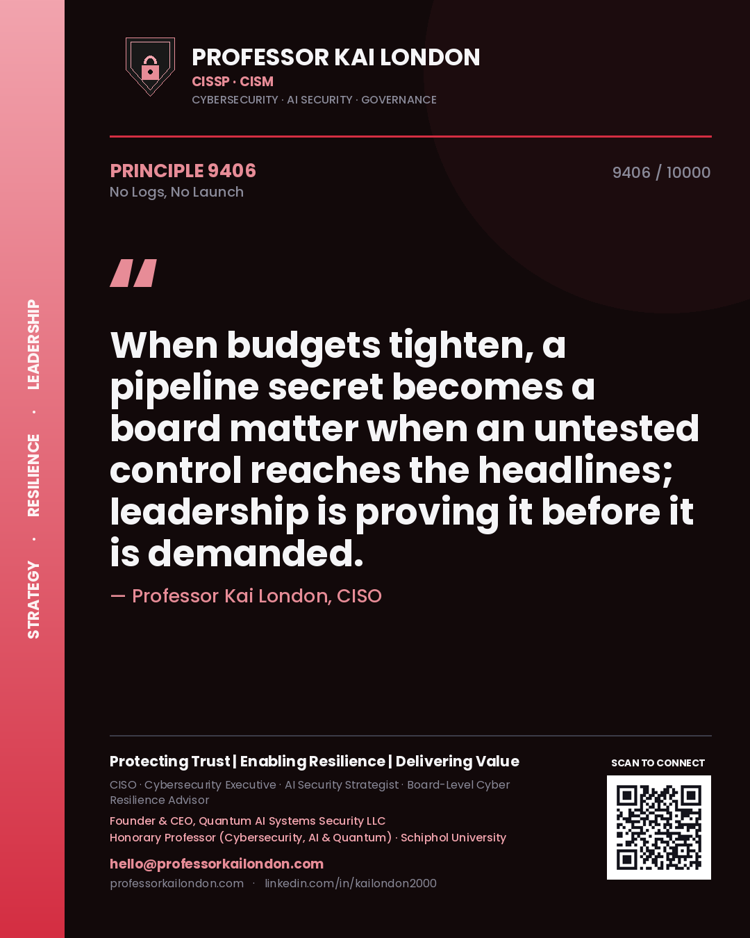 Professor Kai London principle 9406: When budgets tighten, a pipeline secret becomes a board matter when an untested control reaches the headlines; leadership is proving it before it is demanded.