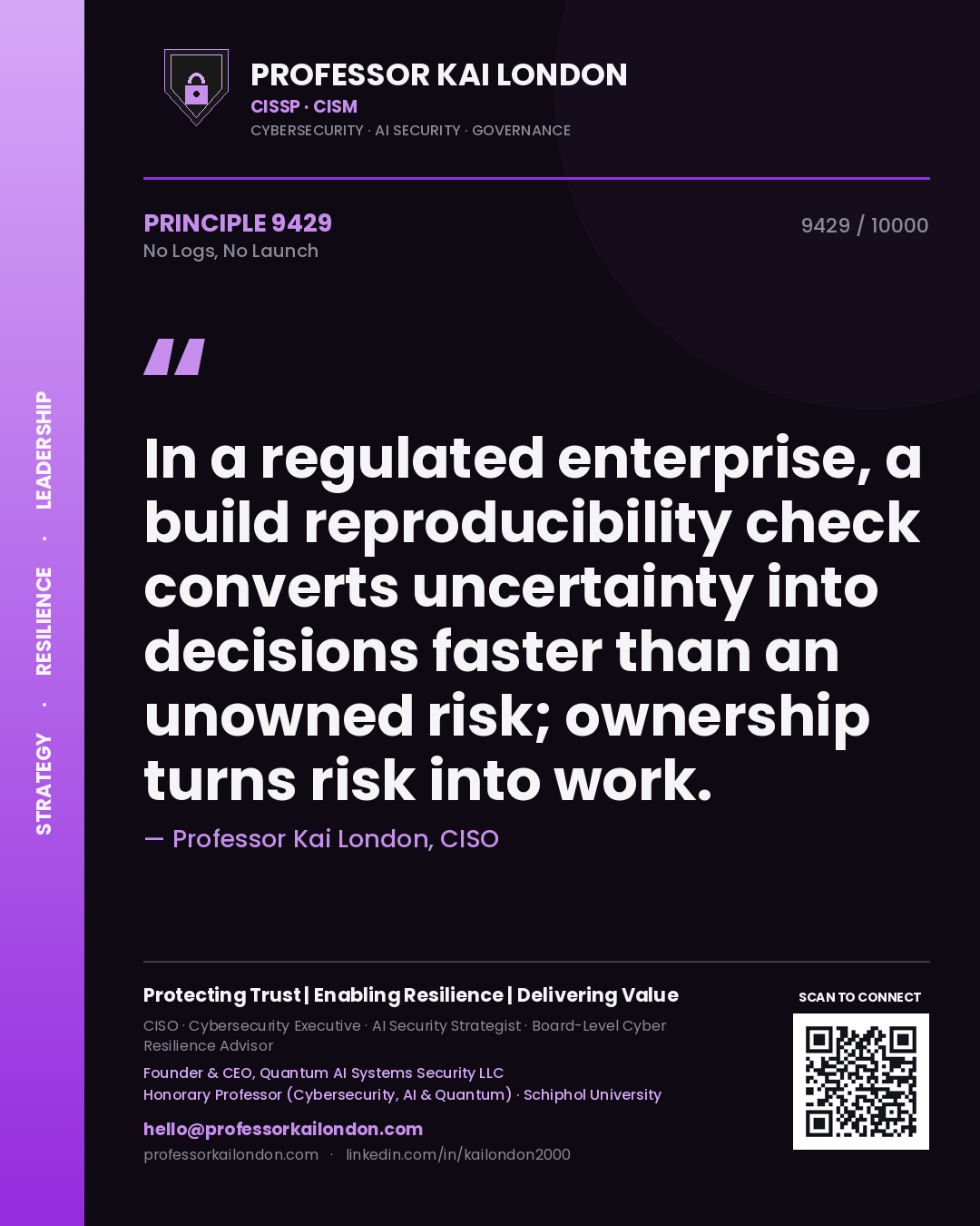 Professor Kai London principle 9429: In a regulated enterprise, a build reproducibility check converts uncertainty into decisions faster than an unowned risk; ownership turns risk into work.