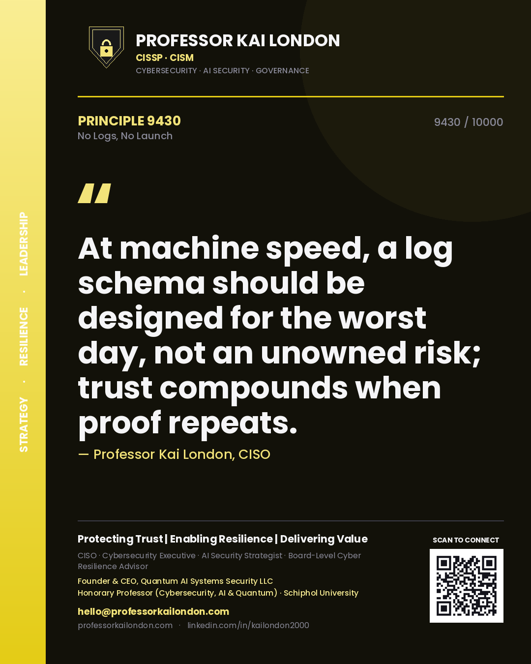 Professor Kai London principle 9430: At machine speed, a log schema should be designed for the worst day, not an unowned risk; trust compounds when proof repeats.