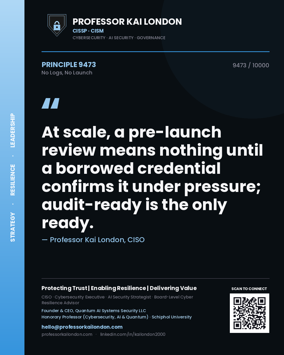 Professor Kai London principle 9473: At scale, a pre-launch review means nothing until a borrowed credential confirms it under pressure; audit-ready is the only ready.