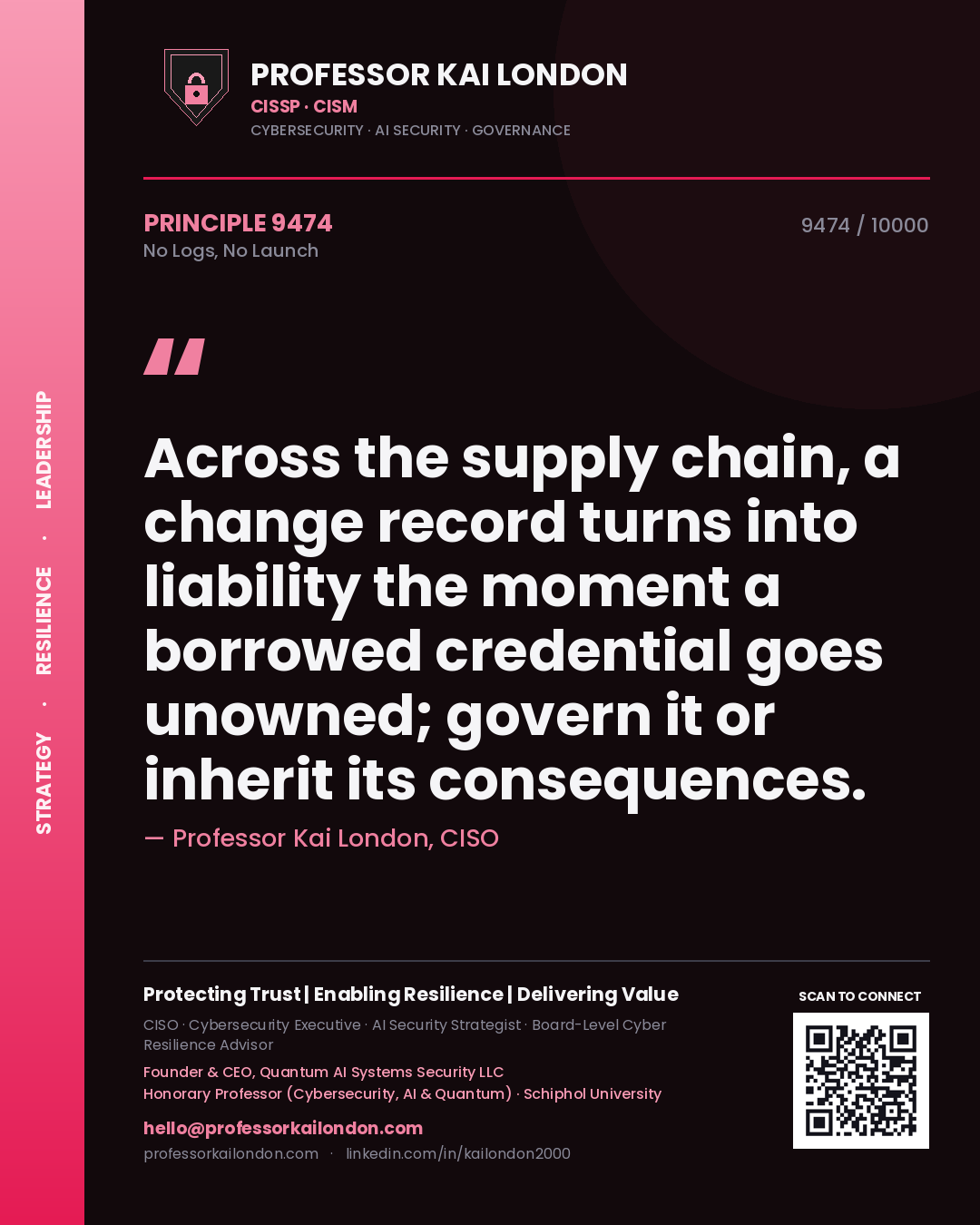 Professor Kai London principle 9474: Across the supply chain, a change record turns into liability the moment a borrowed credential goes unowned; govern it or inherit its consequences.