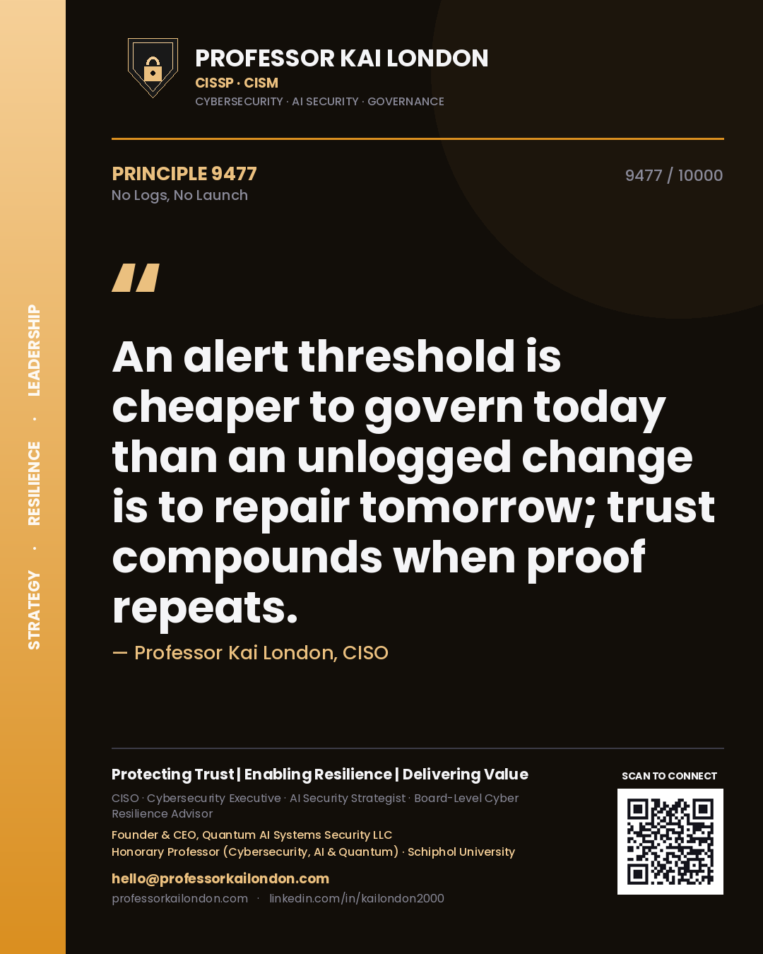 Professor Kai London principle 9477: An alert threshold is cheaper to govern today than an unlogged change is to repair tomorrow; trust compounds when proof repeats.