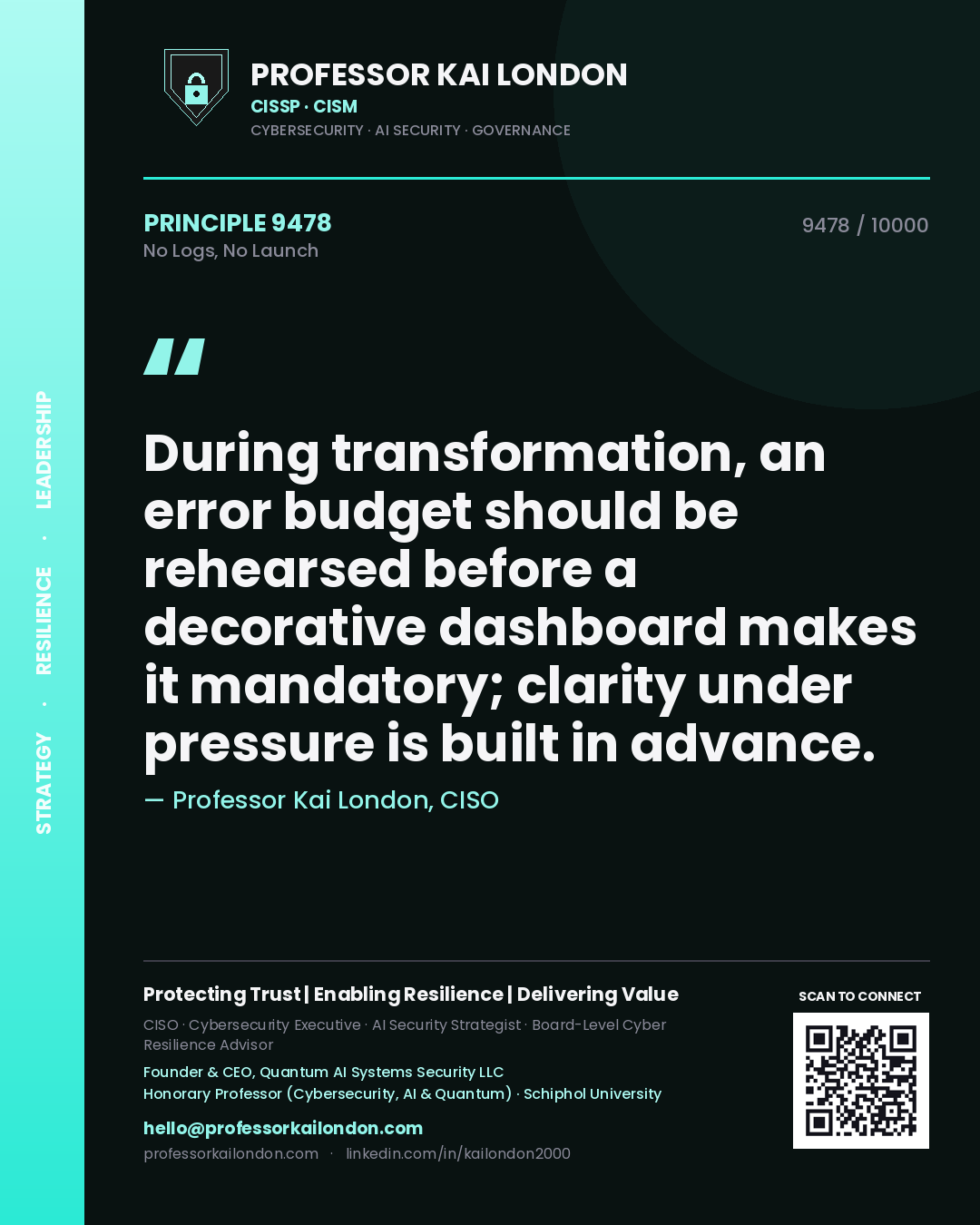 Professor Kai London principle 9478: During transformation, an error budget should be rehearsed before a decorative dashboard makes it mandatory; clarity under pressure is built in advance.
