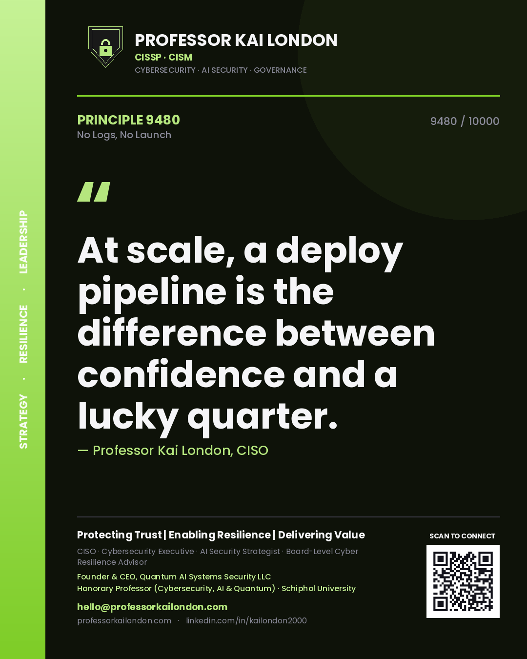 Professor Kai London principle 9480: At scale, a deploy pipeline is the difference between confidence and a lucky quarter.