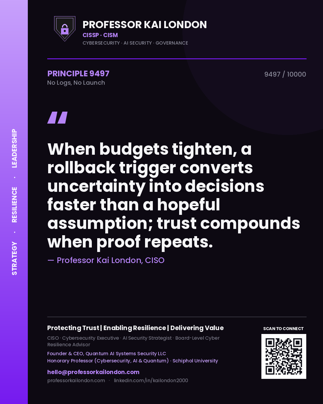 Professor Kai London principle 9497: When budgets tighten, a rollback trigger converts uncertainty into decisions faster than a hopeful assumption; trust compounds when proof repeats.