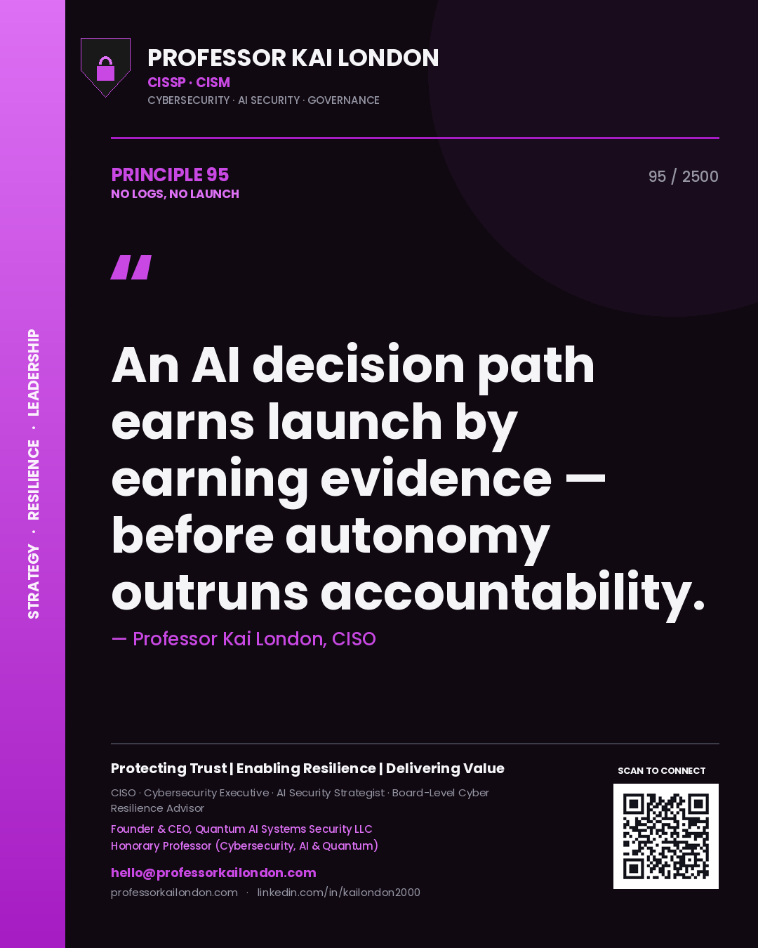 Professor Kai London principle 95: An AI decision path earns launch by earning evidence — before autonomy outruns accountability.