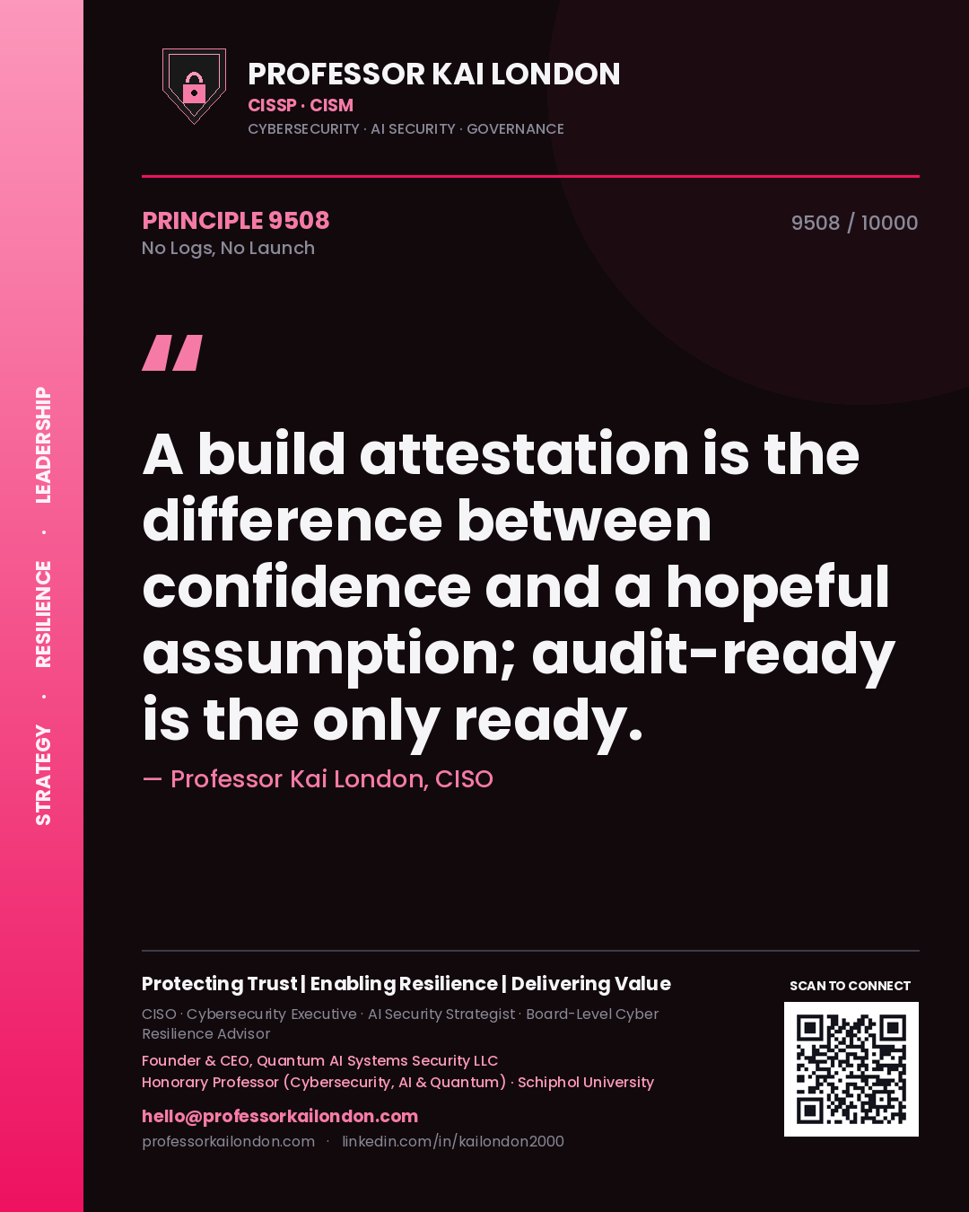 Professor Kai London principle 9508: A build attestation is the difference between confidence and a hopeful assumption; audit-ready is the only ready.