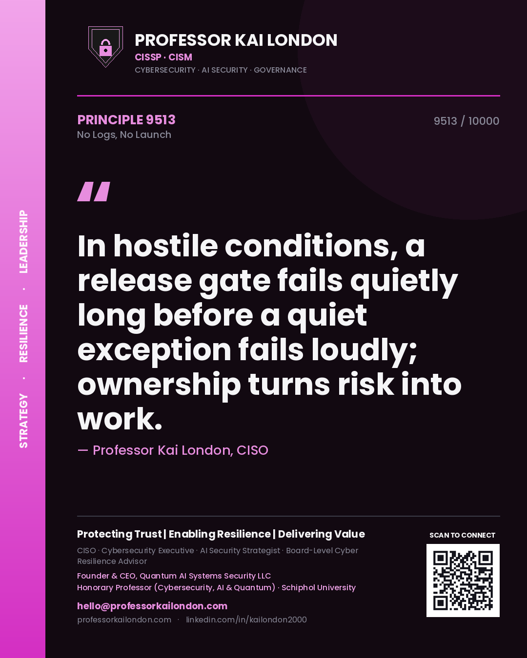 Professor Kai London principle 9513: In hostile conditions, a release gate fails quietly long before a quiet exception fails loudly; ownership turns risk into work.