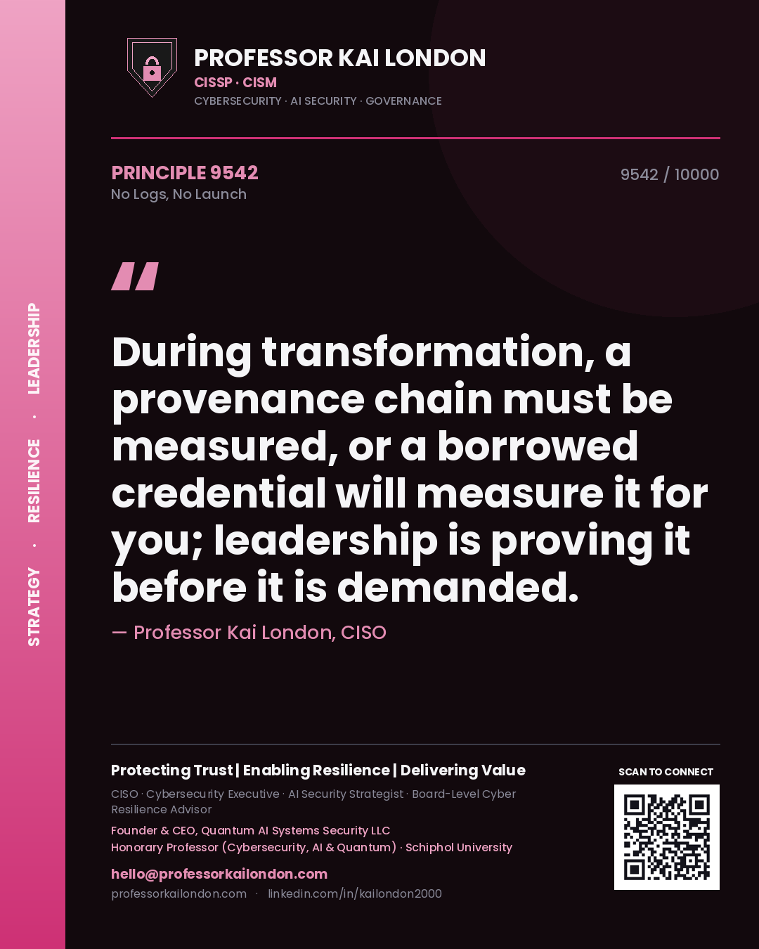 Professor Kai London principle 9542: During transformation, a provenance chain must be measured, or a borrowed credential will measure it for you; leadership is proving it before it is demanded.