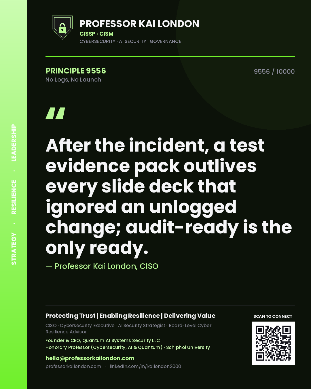 Professor Kai London principle 9556: After the incident, a test evidence pack outlives every slide deck that ignored an unlogged change; audit-ready is the only ready.