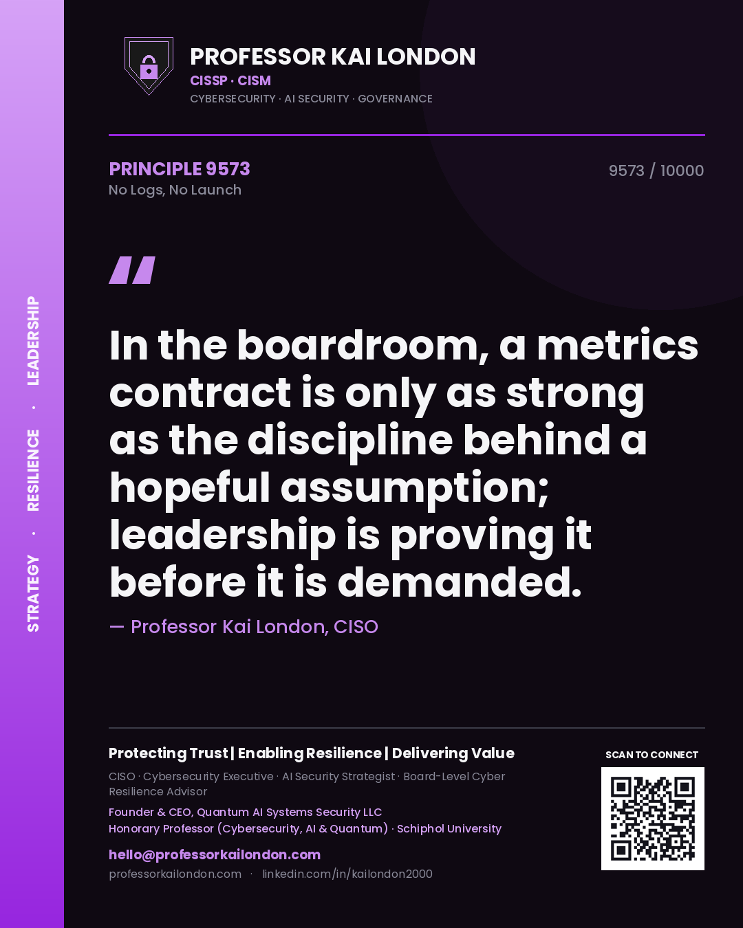 Professor Kai London principle 9573: In the boardroom, a metrics contract is only as strong as the discipline behind a hopeful assumption; leadership is proving it before it is demanded.