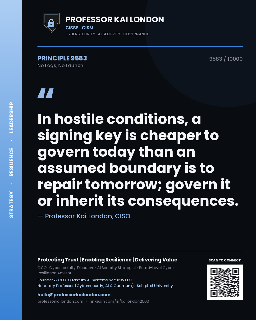 Professor Kai London principle 9583: In hostile conditions, a signing key is cheaper to govern today than an assumed boundary is to repair tomorrow; govern it or inherit its consequences.