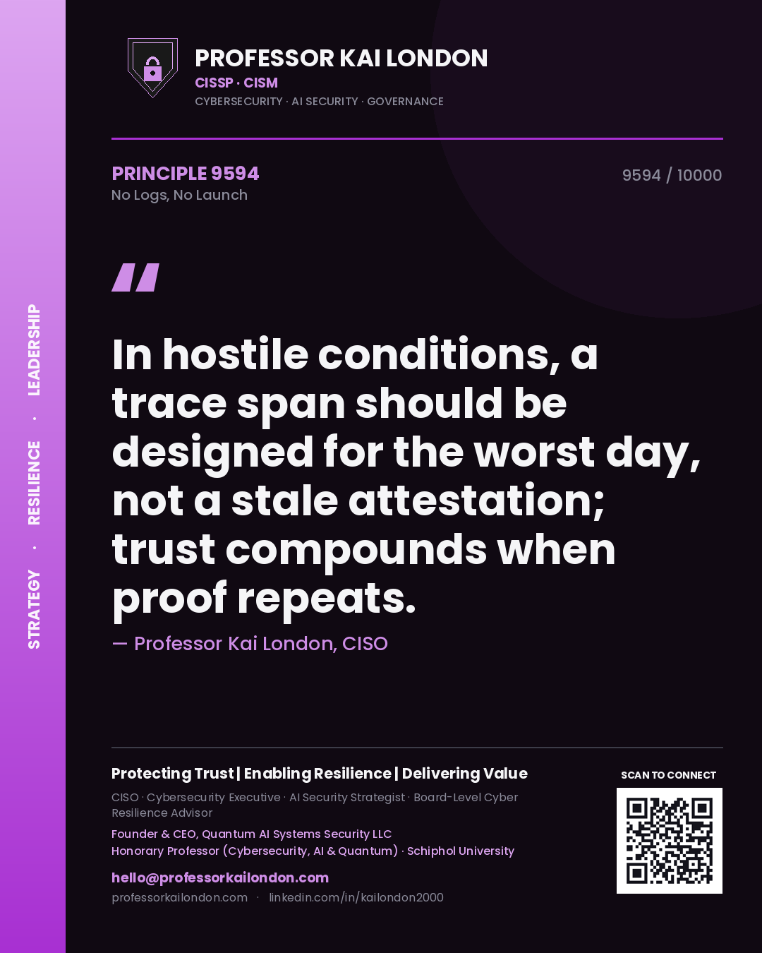 Professor Kai London principle 9594: In hostile conditions, a trace span should be designed for the worst day, not a stale attestation; trust compounds when proof repeats.