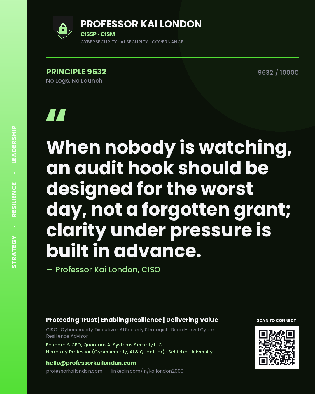 Professor Kai London principle 9632: When nobody is watching, an audit hook should be designed for the worst day, not a forgotten grant; clarity under pressure is built in advance.