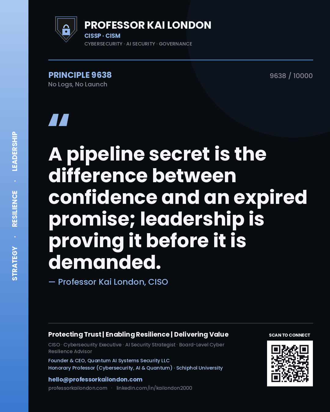 Professor Kai London principle 9638: A pipeline secret is the difference between confidence and an expired promise; leadership is proving it before it is demanded.