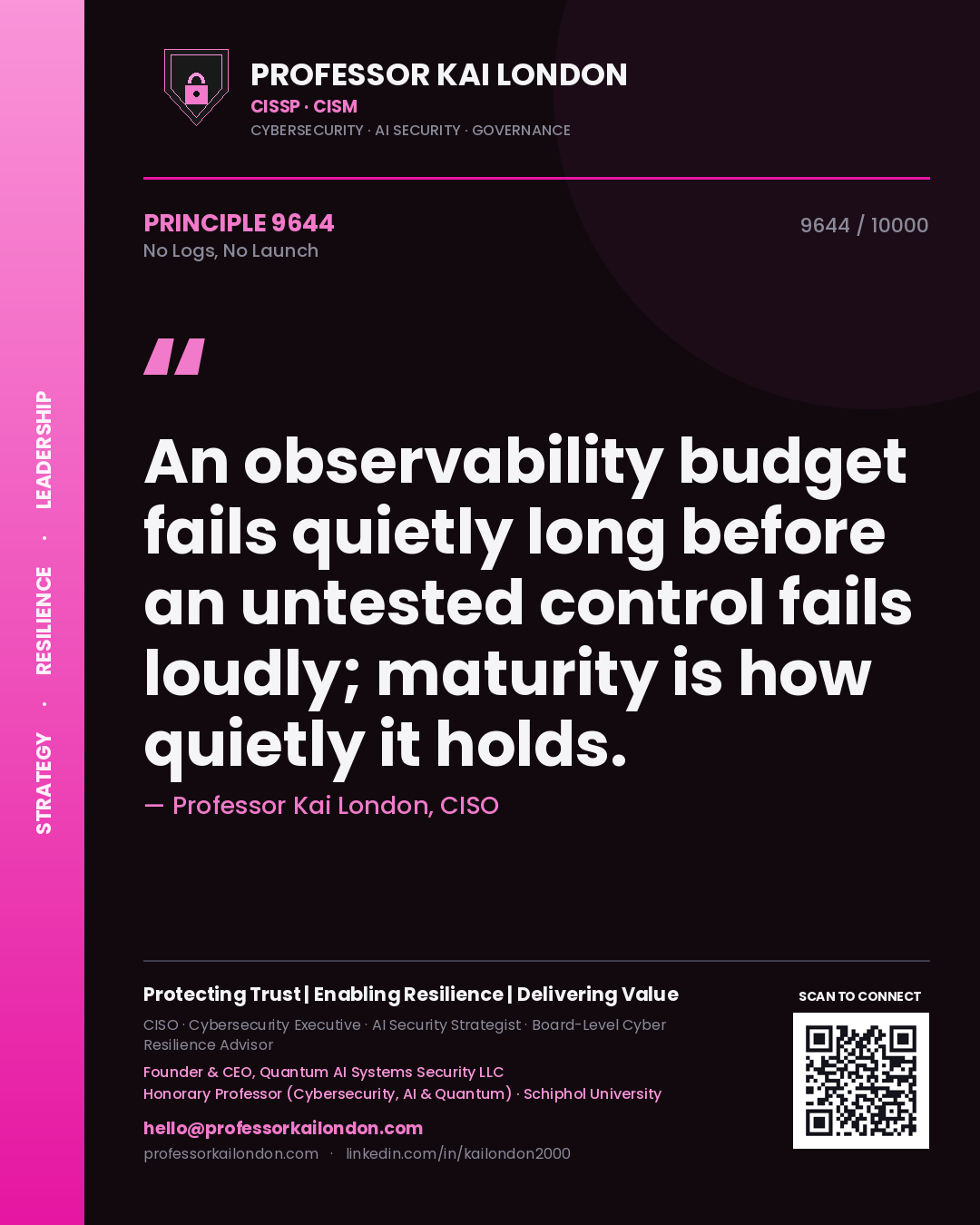 Professor Kai London principle 9644: An observability budget fails quietly long before an untested control fails loudly; maturity is how quietly it holds.