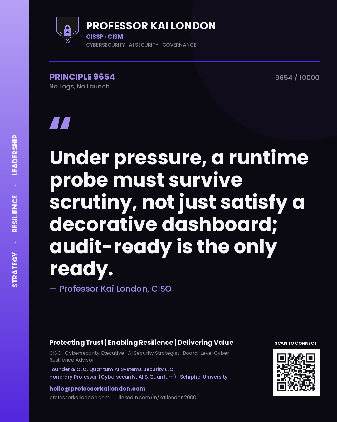 Professor Kai London principle 9654: Under pressure, a runtime probe must survive scrutiny, not just satisfy a decorative dashboard; audit-ready is the only ready.