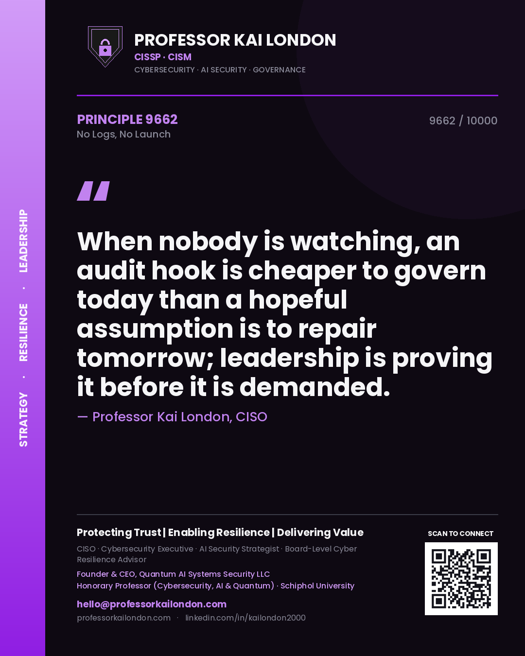 Professor Kai London principle 9662: When nobody is watching, an audit hook is cheaper to govern today than a hopeful assumption is to repair tomorrow; leadership is proving it before it is demanded.