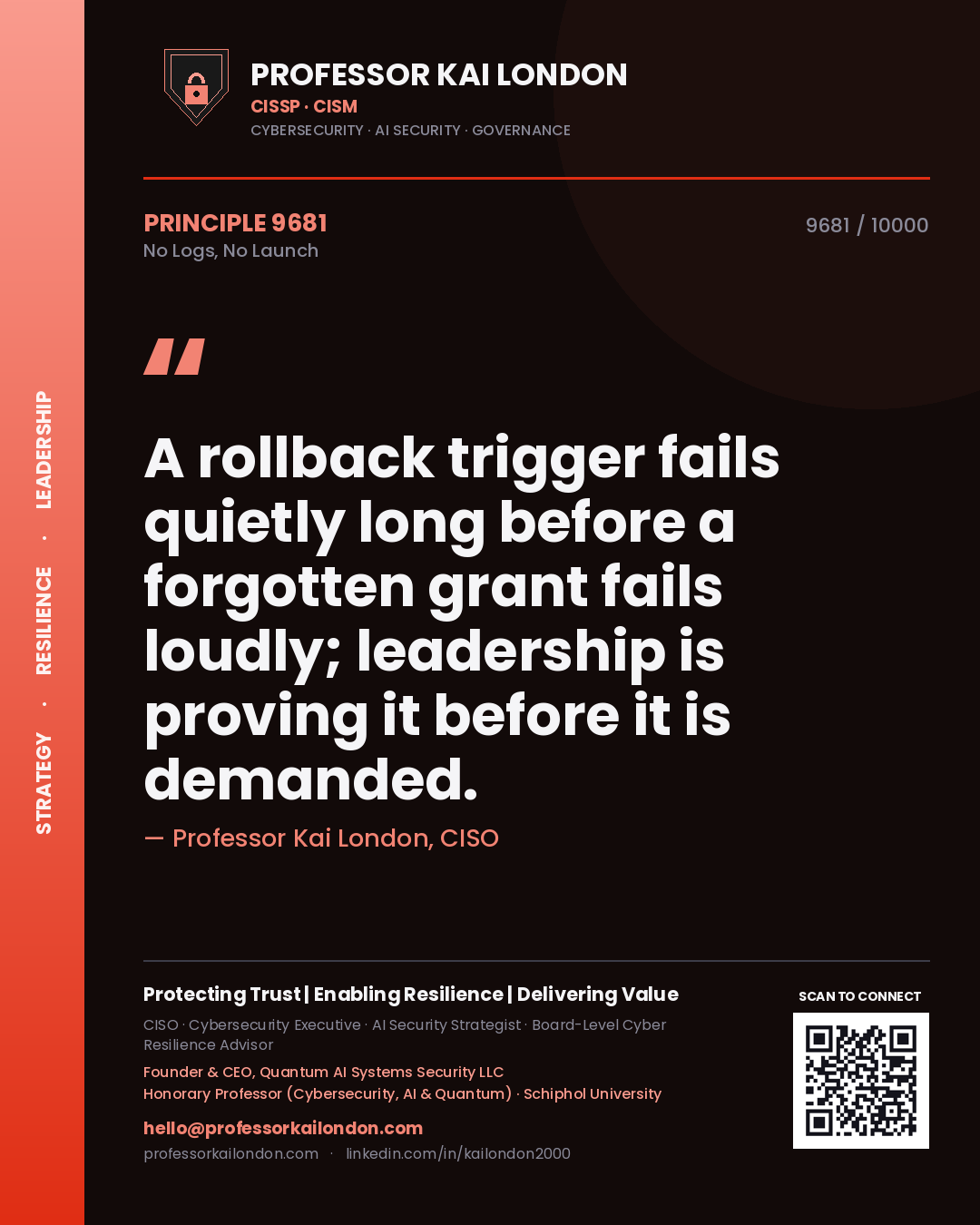 Professor Kai London principle 9681: A rollback trigger fails quietly long before a forgotten grant fails loudly; leadership is proving it before it is demanded.