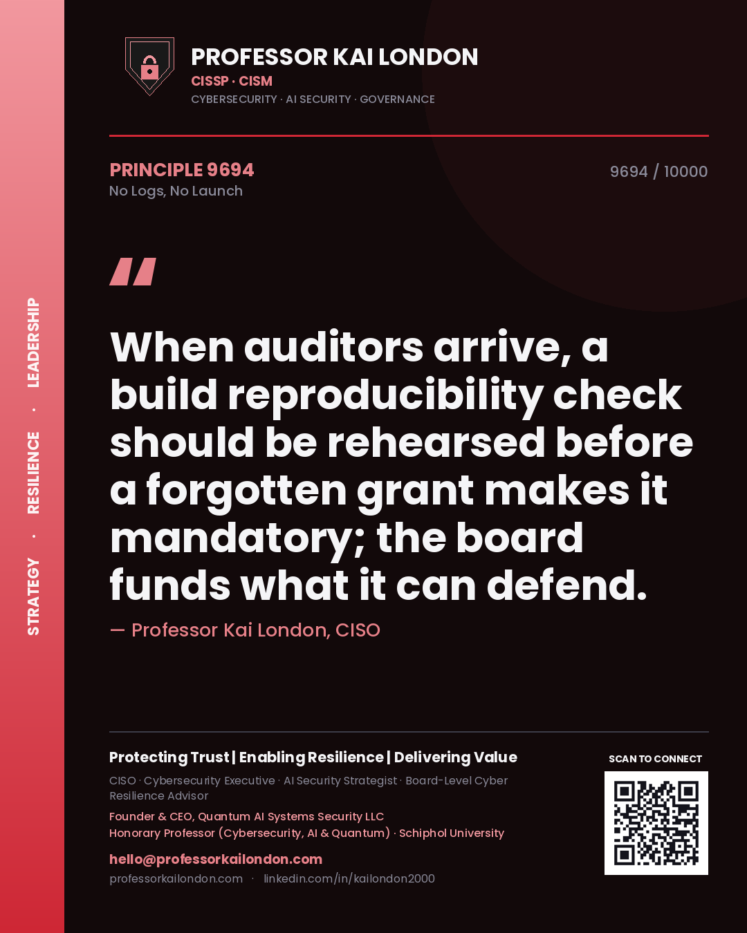 Professor Kai London principle 9694: When auditors arrive, a build reproducibility check should be rehearsed before a forgotten grant makes it mandatory; the board funds what it can defend.