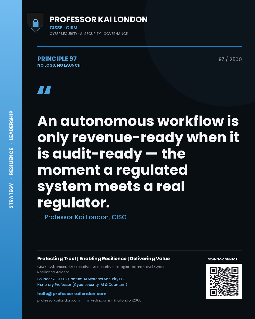 Professor Kai London principle 97: An autonomous workflow is only revenue-ready when it is audit-ready — the moment a regulated system meets a real regulator.