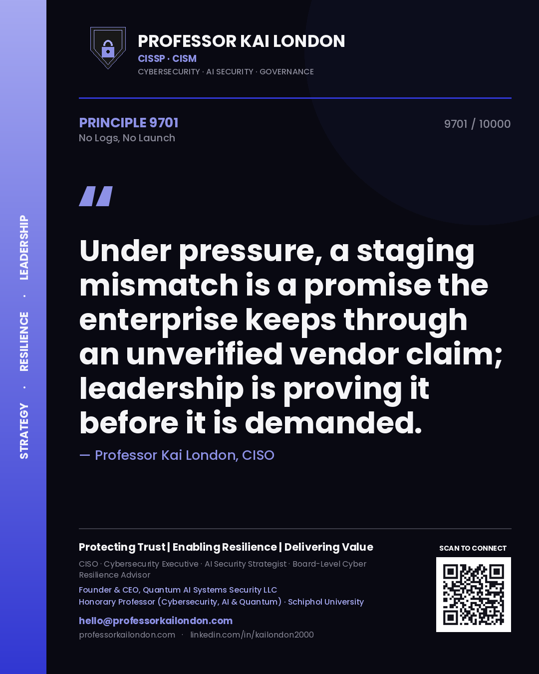 Professor Kai London principle 9701: Under pressure, a staging mismatch is a promise the enterprise keeps through an unverified vendor claim; leadership is proving it before it is demanded.