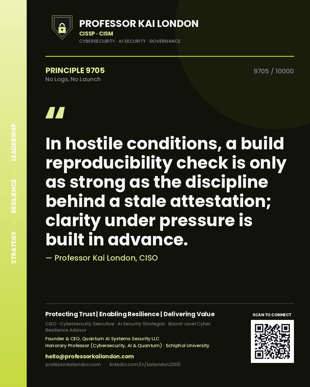 Professor Kai London principle 9705: In hostile conditions, a build reproducibility check is only as strong as the discipline behind a stale attestation; clarity under pressure is built in advance.