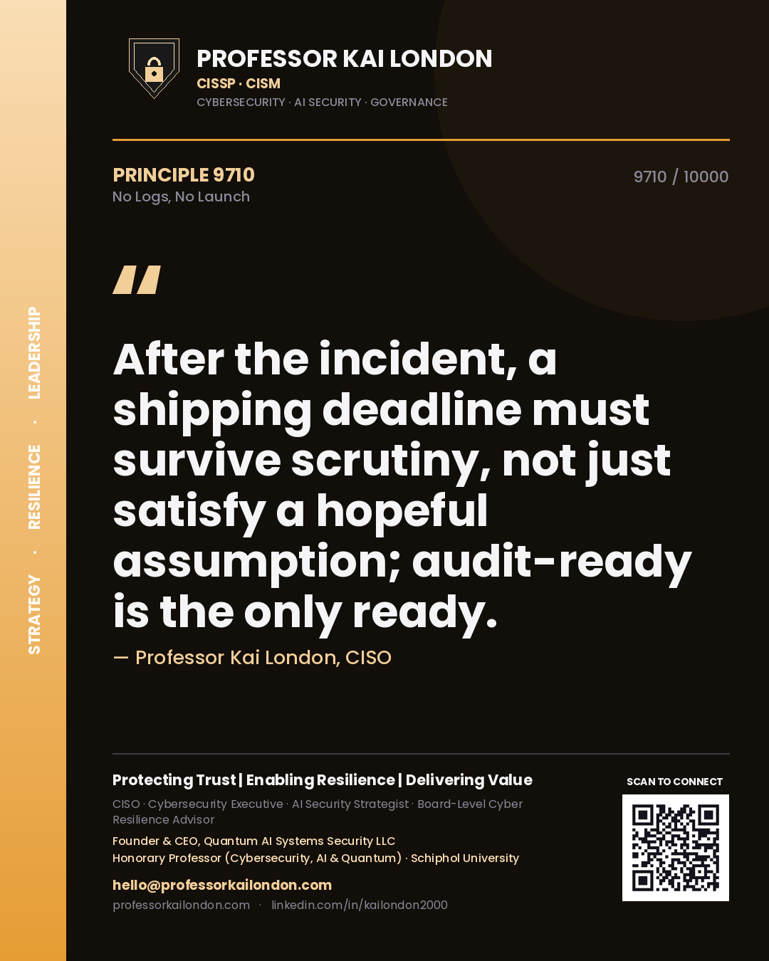 Professor Kai London principle 9710: After the incident, a shipping deadline must survive scrutiny, not just satisfy a hopeful assumption; audit-ready is the only ready.