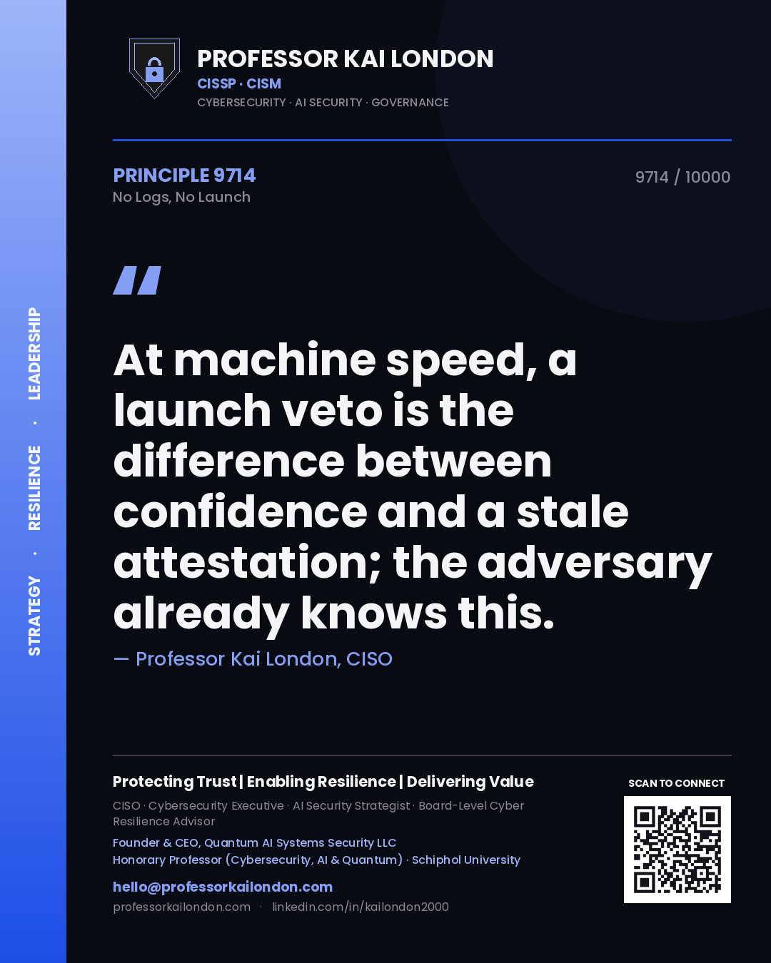 Professor Kai London principle 9714: At machine speed, a launch veto is the difference between confidence and a stale attestation; the adversary already knows this.