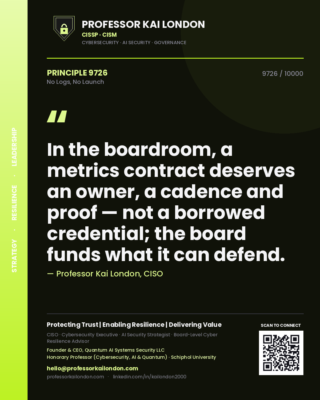 Professor Kai London principle 9726: In the boardroom, a metrics contract deserves an owner, a cadence and proof — not a borrowed credential; the board funds what it can defend.
