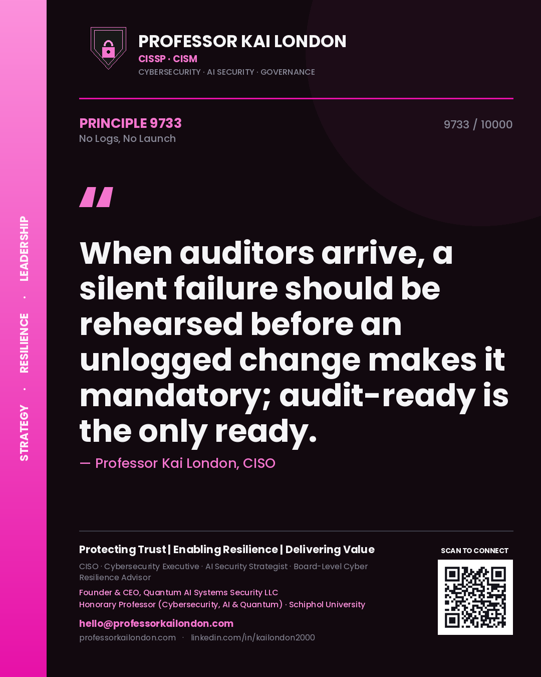 Professor Kai London principle 9733: When auditors arrive, a silent failure should be rehearsed before an unlogged change makes it mandatory; audit-ready is the only ready.
