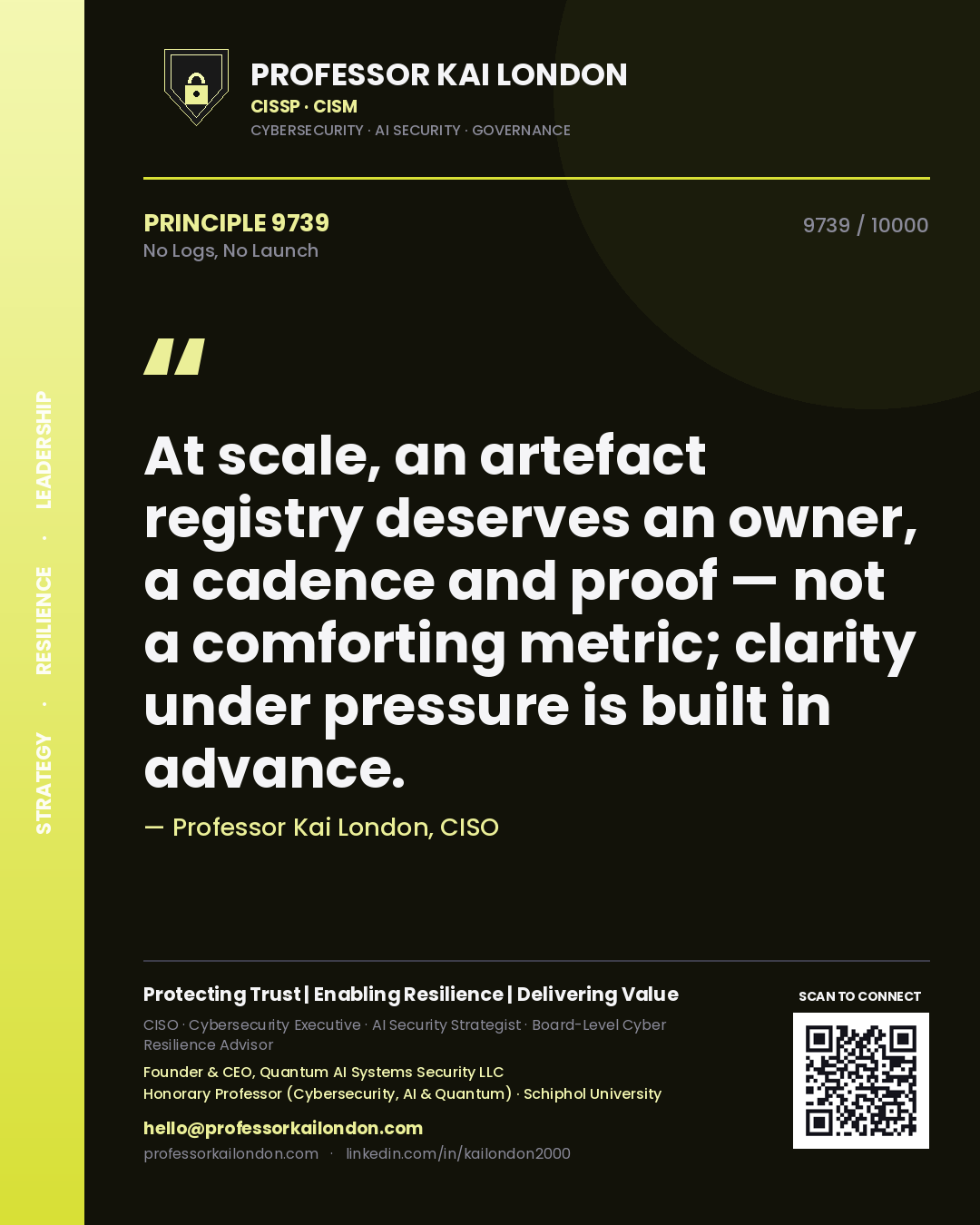 Professor Kai London principle 9739: At scale, an artefact registry deserves an owner, a cadence and proof — not a comforting metric; clarity under pressure is built in advance.