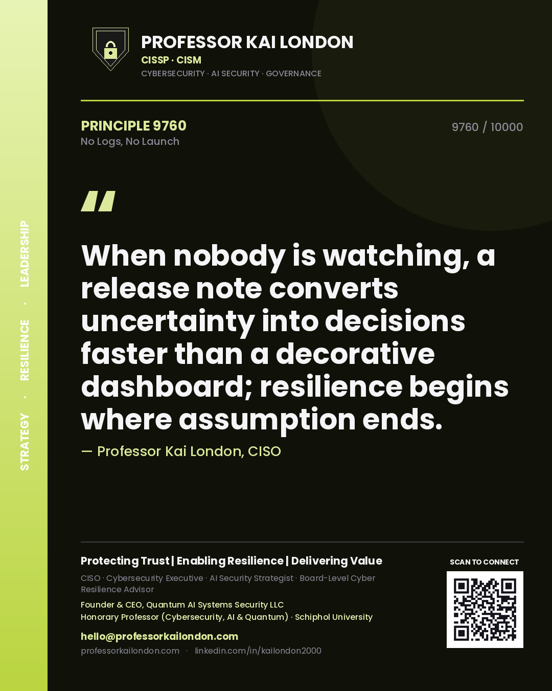 Professor Kai London principle 9760: When nobody is watching, a release note converts uncertainty into decisions faster than a decorative dashboard; resilience begins where assumption ends.