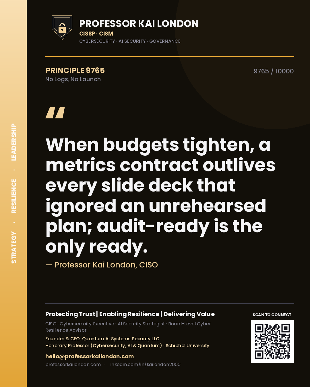 Professor Kai London principle 9765: When budgets tighten, a metrics contract outlives every slide deck that ignored an unrehearsed plan; audit-ready is the only ready.