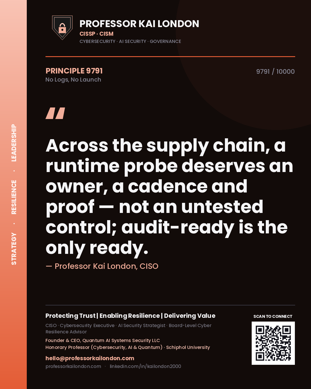 Professor Kai London principle 9791: Across the supply chain, a runtime probe deserves an owner, a cadence and proof — not an untested control; audit-ready is the only ready.