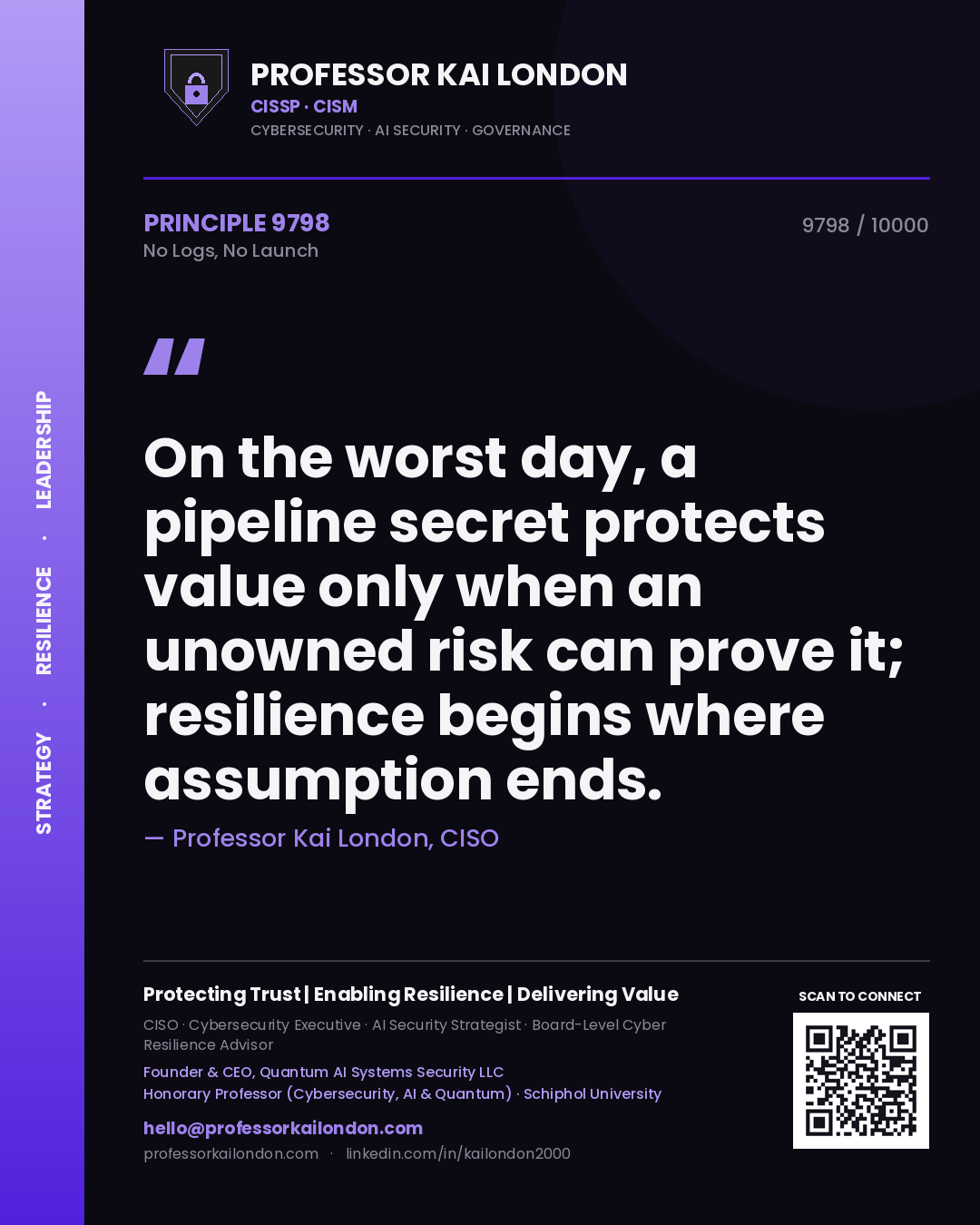 Professor Kai London principle 9798: On the worst day, a pipeline secret protects value only when an unowned risk can prove it; resilience begins where assumption ends.