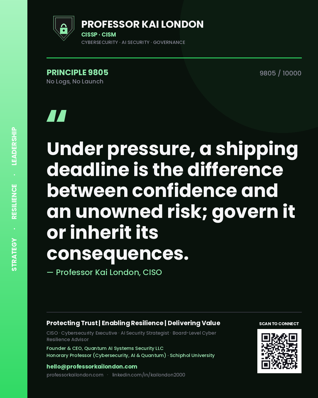 Professor Kai London principle 9805: Under pressure, a shipping deadline is the difference between confidence and an unowned risk; govern it or inherit its consequences.