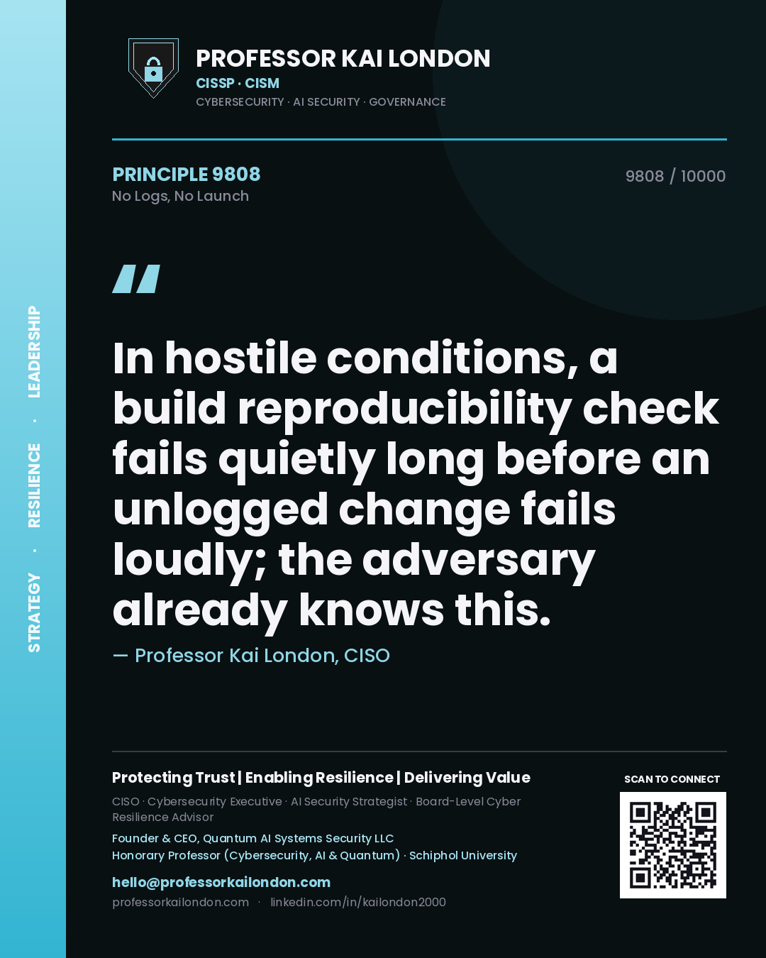 Professor Kai London principle 9808: In hostile conditions, a build reproducibility check fails quietly long before an unlogged change fails loudly; the adversary already knows this.
