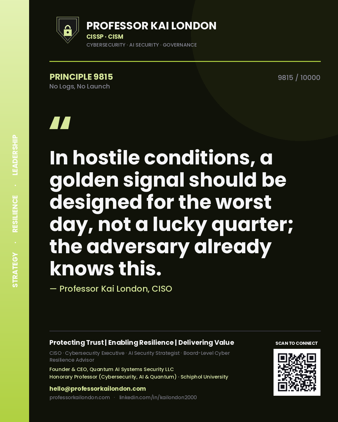 Professor Kai London principle 9815: In hostile conditions, a golden signal should be designed for the worst day, not a lucky quarter; the adversary already knows this.