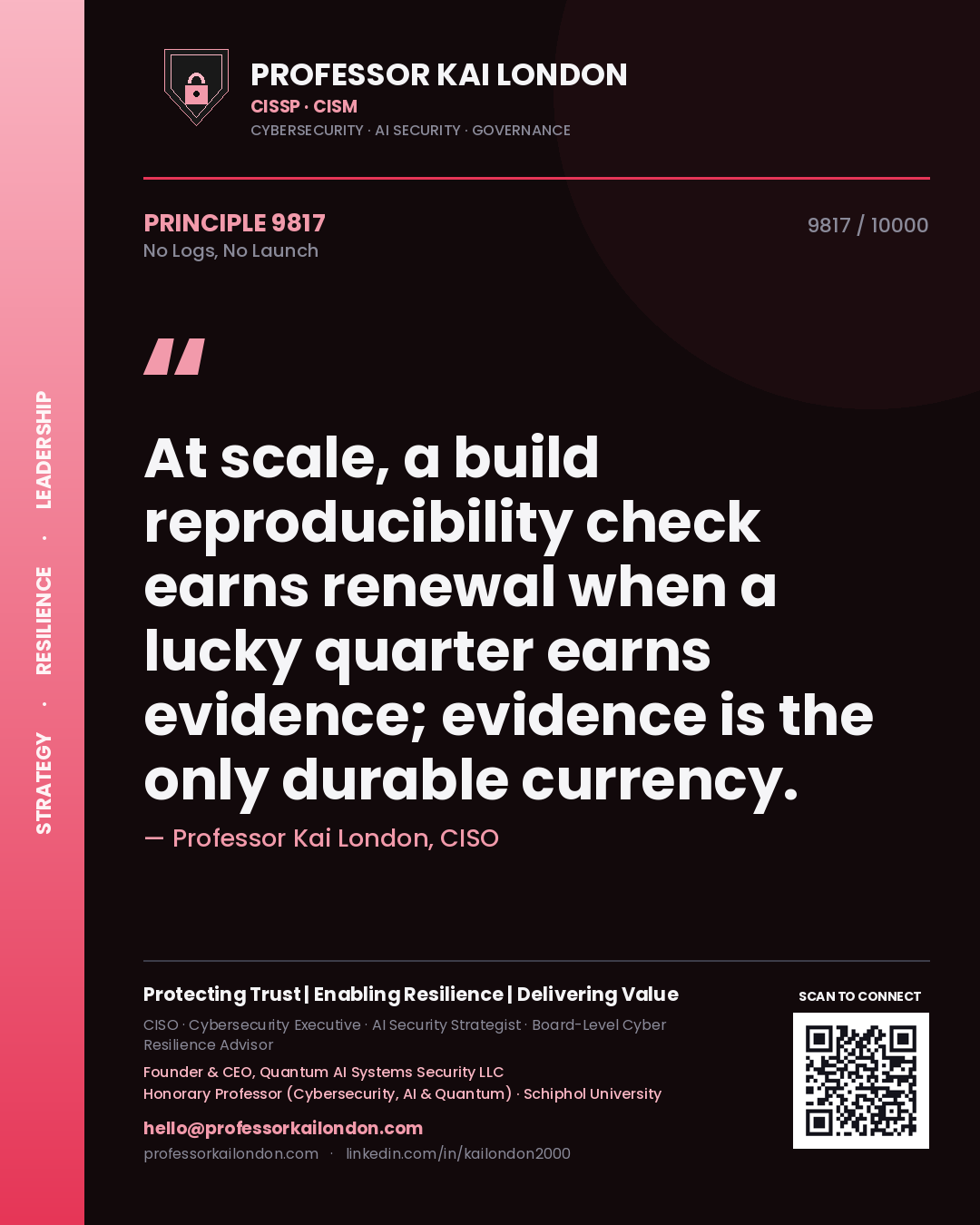 Professor Kai London principle 9817: At scale, a build reproducibility check earns renewal when a lucky quarter earns evidence; evidence is the only durable currency.