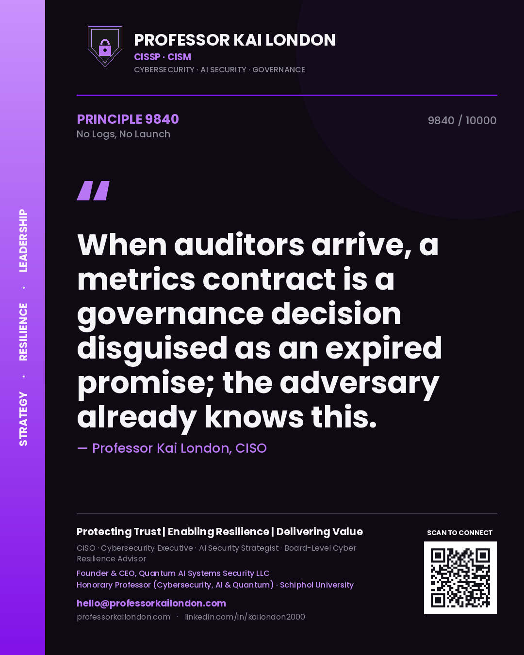 Professor Kai London principle 9840: When auditors arrive, a metrics contract is a governance decision disguised as an expired promise; the adversary already knows this.