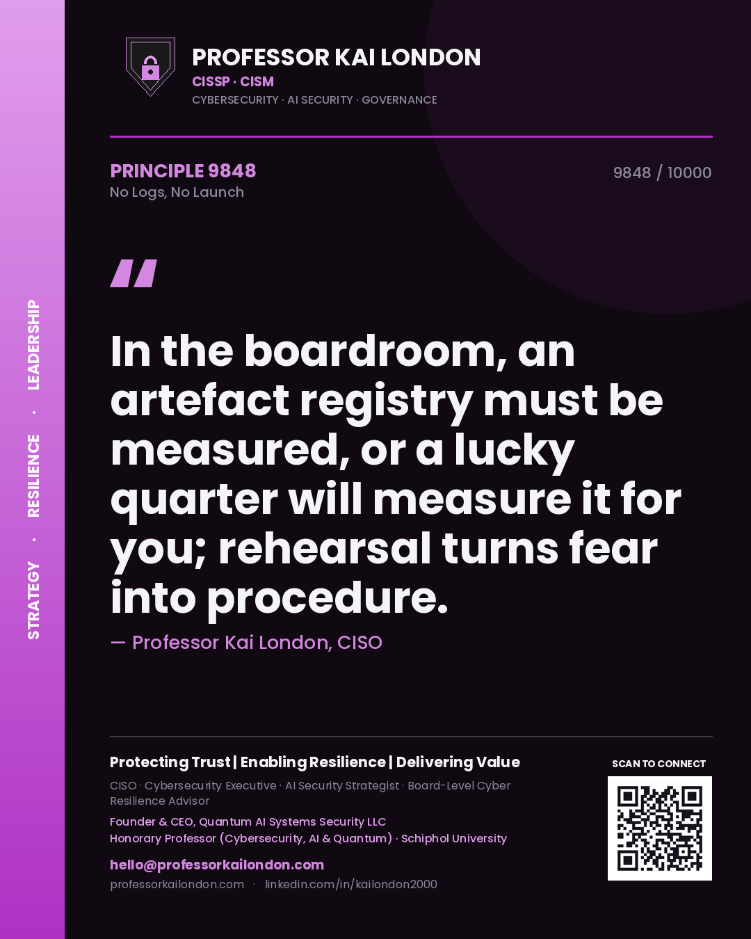 Professor Kai London principle 9848: In the boardroom, an artefact registry must be measured, or a lucky quarter will measure it for you; rehearsal turns fear into procedure.