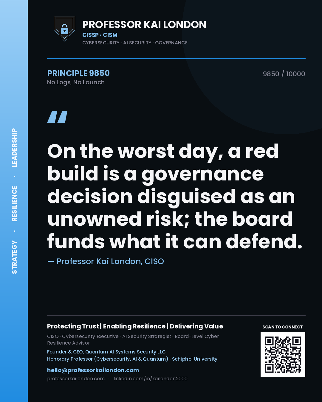 Professor Kai London principle 9850: On the worst day, a red build is a governance decision disguised as an unowned risk; the board funds what it can defend.