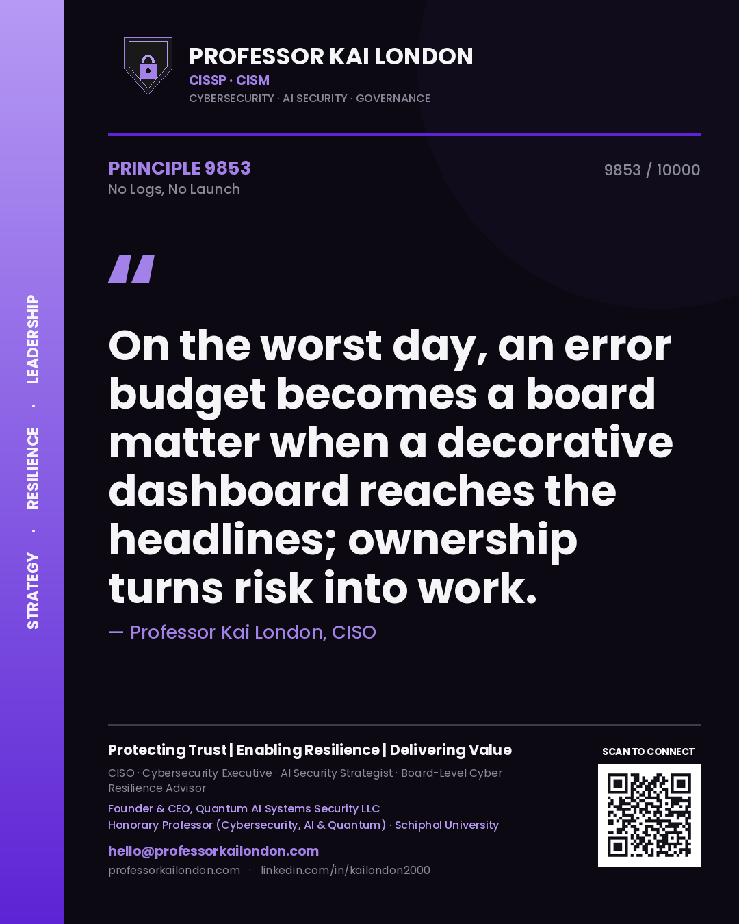 Professor Kai London principle 9853: On the worst day, an error budget becomes a board matter when a decorative dashboard reaches the headlines; ownership turns risk into work.