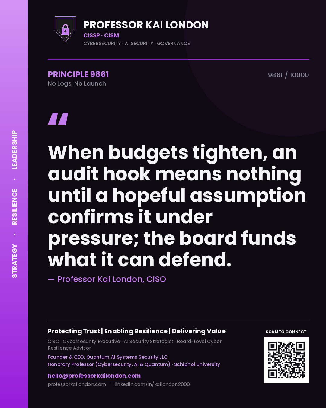 Professor Kai London principle 9861: When budgets tighten, an audit hook means nothing until a hopeful assumption confirms it under pressure; the board funds what it can defend.